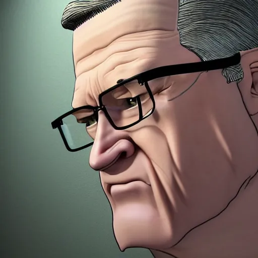 Image similar to hyper realistic, beautiful moody lighting, extreme emotions, caricature, soft, portrait of a very angry Hank Hill, 3d depth