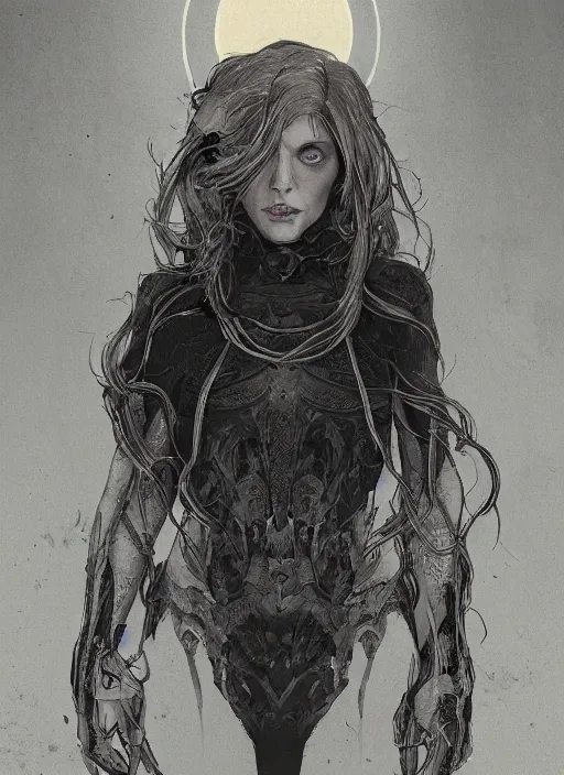 Image similar to at the top of the composition is a symmetrical centered portrait of Anna Millerstone as a Dark evil witch, big moon in the background, at the bottom of the composition is grey space, dramatic lighting, book cover illustration by Greg rutkowski, yoji shinkawa, 4k, digital art, concept art, trending on artstation, golden silver elements, empty grey space at the top, flower elements