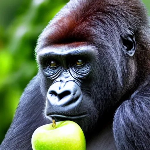 Prompt: gorilla eating an apple, high detail, realistic