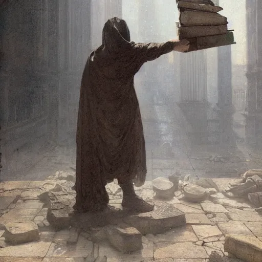 Prompt: half portait of magican wearing a closed cowl and big old book! chained to the wrist, jeremy mann, jean leon gerome, tiepolo, alphonse mucha, greg rutkowski, face in the shadows, ( ( ruins of ancient rome ) ), at dusk, mysterious atmosphere, sunrays, dof, high detailed, 8 k