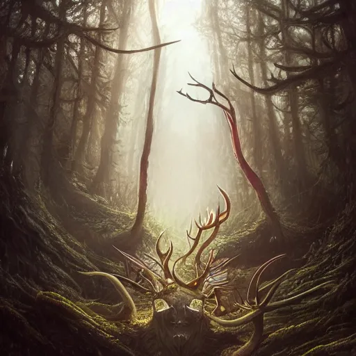 Image similar to highly detailed creepy forest creature with antlers, stephen bliss, unreal engine, fantasy art by greg rutkowski, loish, rhads, ferdinand knab, makoto shinkai and lois van baarle, ilya kuvshinov, rossdraws, tom bagshaw, global illumination, radiant light, detailed and intricate environment