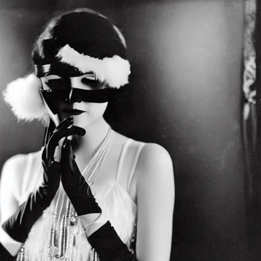 Prompt: a 1 9 2 0 s flapper woman extending her hand in black satin gloves toward the camera, enticing the viewer to join a jazz party taking place behind her in a dimly lit speakeasy, circa 1 9 2 4, depth of field, photorealistic