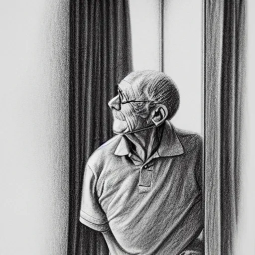 Image similar to pencil drawing of an old man in a nursing home looking out the window and remembering his youth, artistic illustration, stylized, detailed