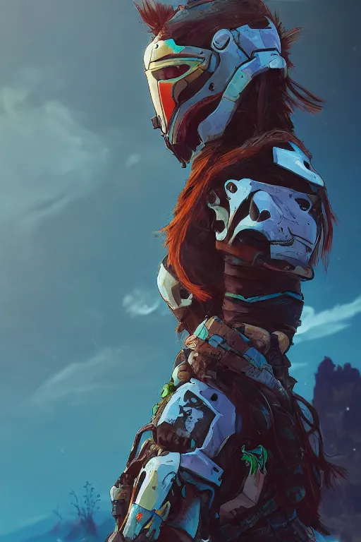 Image similar to combination suit armor aloy horizon forbidden west horizon zero dawn radiating a glowing aura global illumination ray tracing hdr fanart arstation by ian pesty and alena aenami artworks in 4 k tribal robot ninja mask helmet backpack