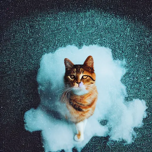 Image similar to a high - quality photo of a cat in a cloud of falling glitter, duochrome,, f 1. 4, iso 2 0 0, sharpened