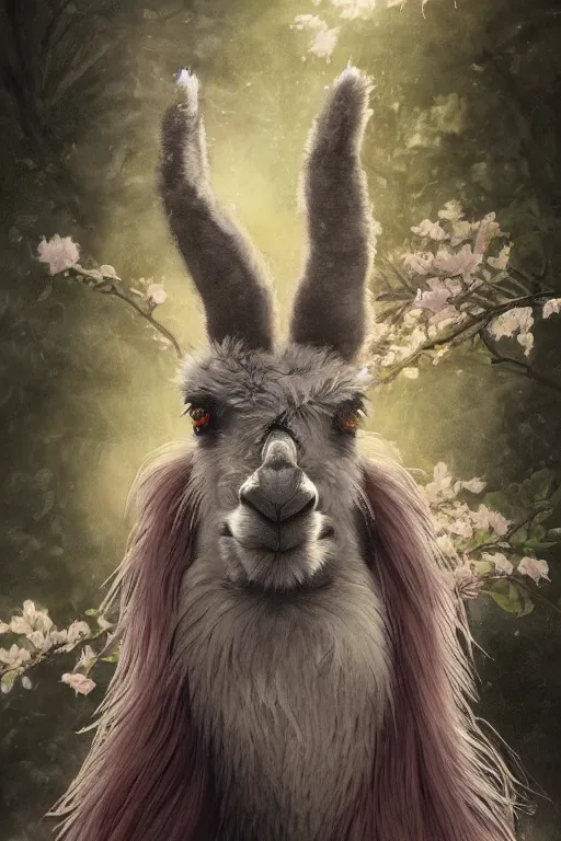 Image similar to Anthro Portrait of japanese llama, D&D, dark fantasy, anthro portrait, sakura blooming on background, intricate, elegant, llama portrait, highly detailed, digital painting, artstation, concept art, smooth, sharp focus, llama, illustration, art by artgerm and greg rutkowski and alphonse mucha, daily deviation, very very llama