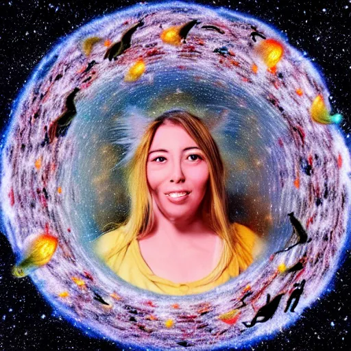 Image similar to thousands of chinchillas floating in space, woman's face floating in the center of the universe