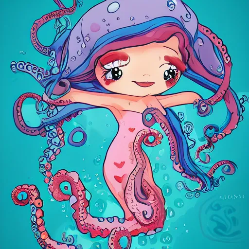 Prompt: a cute octopus girl with a flowy dress under the sea trending on art station