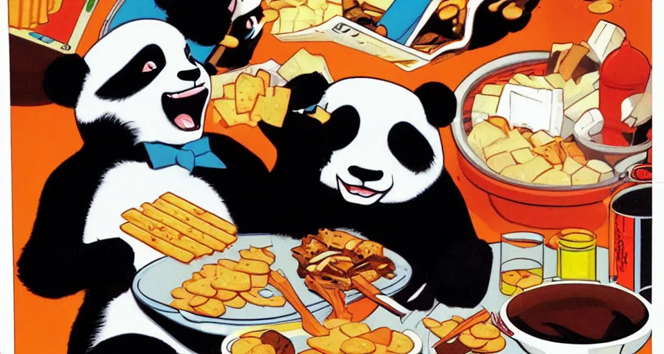 Prompt: a comic book illustration of a panda eating crackers by Bruce Timm