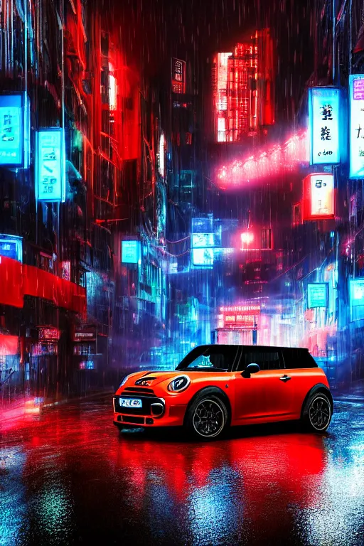 Image similar to Red Mini Cooper S, Futuristic Asian city at night with rain, Cyberpunk style, Neon lights, Matte paiting, cinematic lighting, corona render, smoke, light rays, 8k