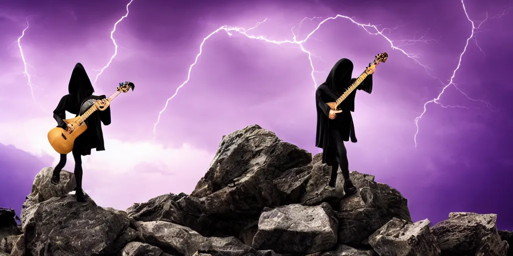 Image similar to the grim reaper standing on a rocky mountain shredding a guitar in a thunderstorm on a purple sky, widescreen