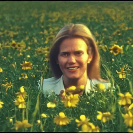 Image similar to a 1 9 7 7 beautiful woman and a 3 d rendering of a smiley apple in a meadow, color film still 1 9 7 7, tarkovsky