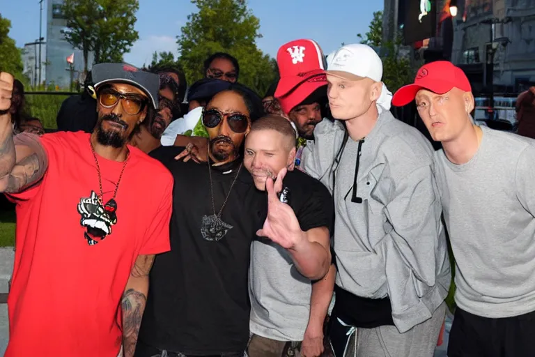 Prompt: crab people south park hyper-realistic photo meeting snoop dogg and eminem