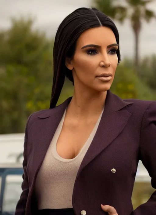 Prompt: film still of kim kardashian as saul goodman in better call saul,