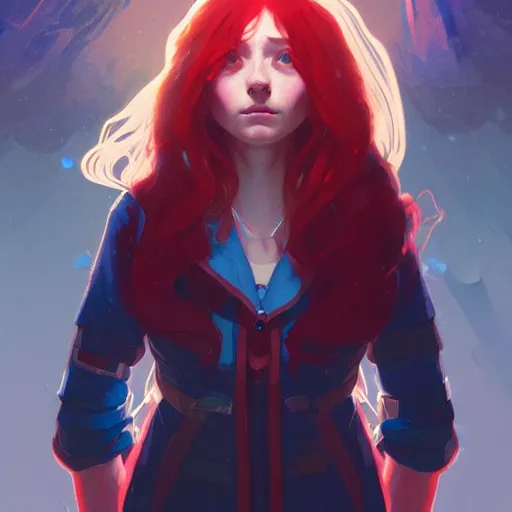 Image similar to portrait of madeline from celeste, blue bubble jacket red long hair, highly detailed, digital painting, artstation, concept art, sharp focus, illustration, art by greg rutkowski and alphonse mucha