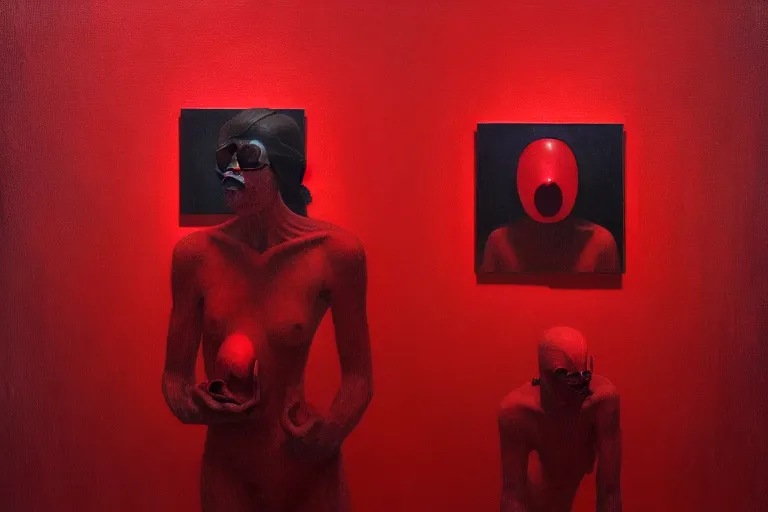 Image similar to only with red, red art thieves with disney masks, in a museum with contemporary art paintings, in the style of beksinski, parts by edward hopper, parts by rodcenko, parts by yue minjun, intricate and epic composition, red by caravaggio, insanely quality, highly detailed, masterpiece, red light, artstation, 4 k