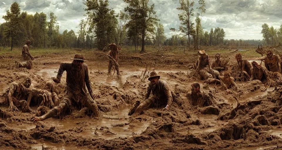 Prompt: an arkansas man trapped in a mud pit, horror painting, highly detailed, sharp focus, matte painting, by isaac levitan and asher brown durand,