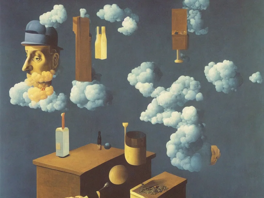 Prompt: obituary for an alchemist. painting by rene magritte