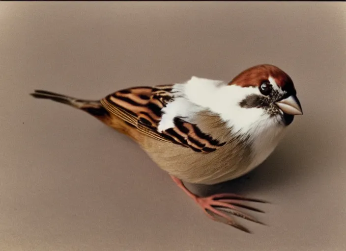 Image similar to realistic photo of a sparrow dressed in a fur coat, made of white clay 1 9 6 0, life magazine photo, natural colors, metropolitan museum, kodak