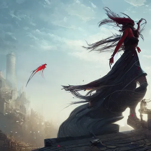 Prompt: a woman with long hair and with red long dress balancing with wind in urban scene, highly detailed, illustration, fantasy art, in the style of greg rutkowski, epic, fantasy, intricate, hyper detailed, artstation, concept art, smooth, sharp focus, ray tracing
