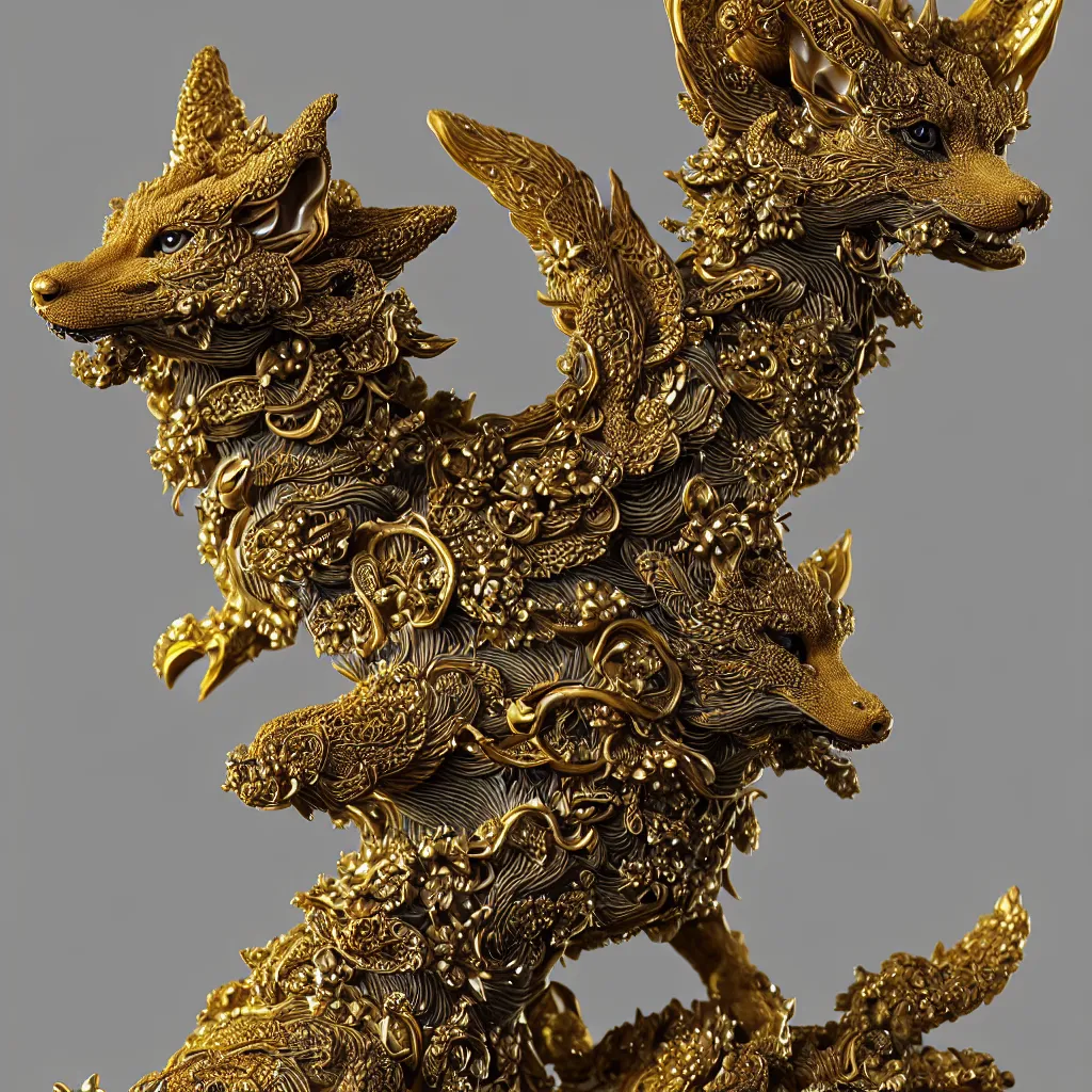 Prompt: a closeup photo - real delicate ceramic porcelain sculpture of an ornate detailed kitsune in front of an intricate background by rafael, micro detail, backlit lighting, subsurface scattering, translucent, thin porcelain, octane renderer, black and green and gold jewelry, physically based rendering, trending on cgsociety