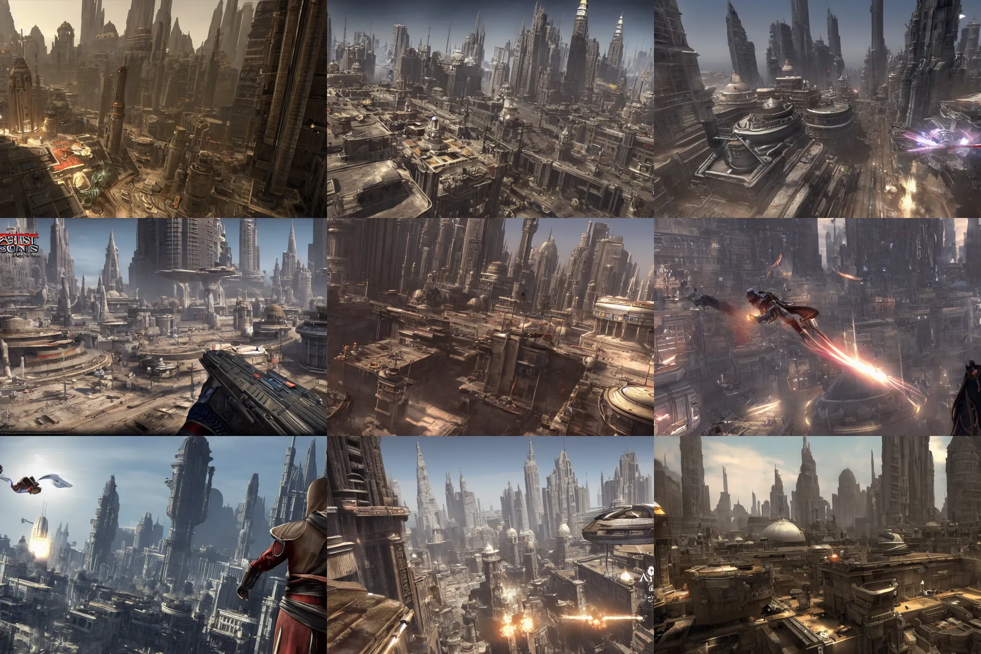 Prompt: a promotional gameplay screenshot of coruscant in the video game assassins creed. 3 d rendering. very detailed