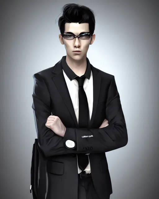 Image similar to detailed portrait Young Adult Male in business suit. Cyberpunk style, corporate styled pure black hair, Pale skin, blank facial expression, Simple professional fitting suit, illustrated by Nai_ Ga Artstation Perfect face, fine details, realistic shaded,