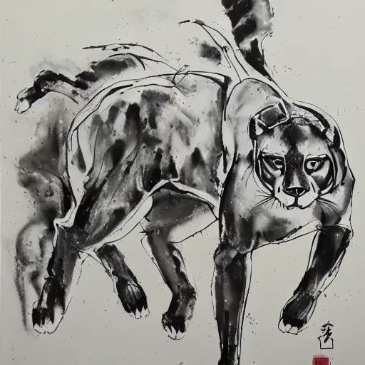 Image similar to emotional movement of muscle panthers, ink painting, in style of thawan duchanee, high quality,