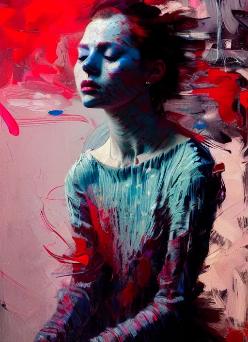 Image similar to portrait of beautiful girl, ecstatic, wonderful techno party, eyes closed, shades of red and blue, beautiful face, rule of thirds, intricate outfit, spotlight, by greg rutkowski, by jeremy mann, by francoise nielly, by van gogh, digital painting