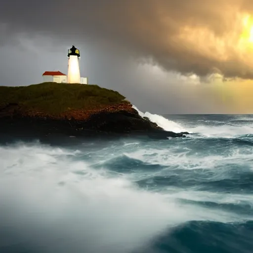 Prompt: lighthouse with lights on in the middle of a stormy ocean, cloudy , dark