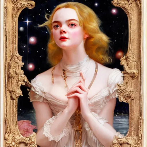 Prompt: Elle Fanning, nighttime, on a boat, artstation, by J. C. Leyendecker and Peter Paul Rubens,