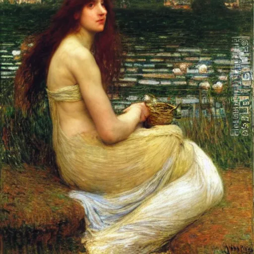 Image similar to lady of shallot by john william waterhouse, rosetti, monet, william holman hunt, 8 k