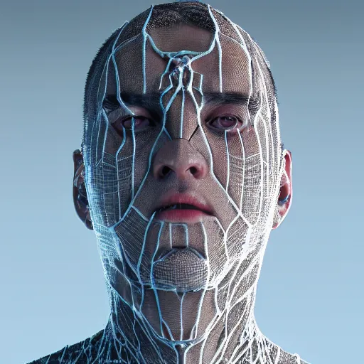 Image similar to hr giger and beeple and artgerm 3 d render of a man with fractal spiderwebs all over his face, detailed, reflections, realistic, unreal engine, cgsociety