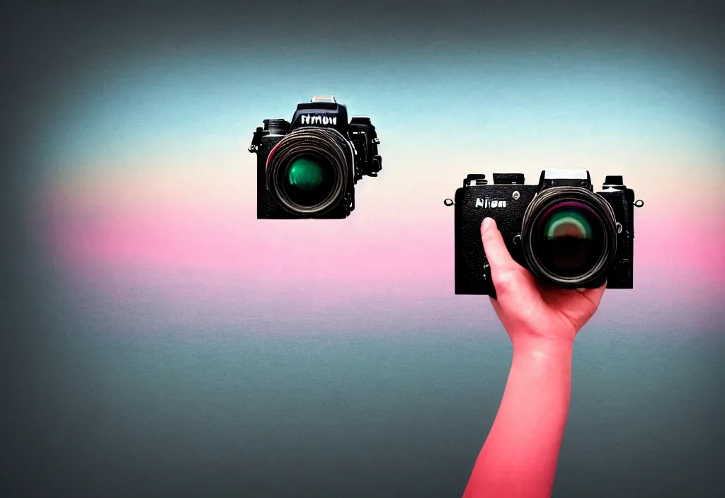 Image similar to first person view of a road coat sleeve arm hand grasping the back side rear angle viewfinder of a nikon dslr camera with mount fuji image in viewfinder, in the style of wes anderson, rene magritte, lola dupre, david hockney, isolated on white background, dark monochrome neon spraypaint accents octane render