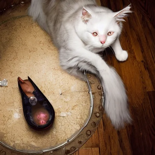 Image similar to full body protrait beautifull witch with white hair in old room. A cristal ball on a wood table with a potions and old instruments. A cat on the floor licking his paw. photorealistic, profesional photo, by Steve McCurry