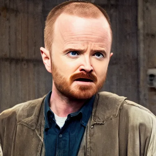 Image similar to Live Action Still of Aaron Paul dressed as Walter White, real life, hyperrealistic, ultra realistic, realistic, highly detailed, epic, HD quality, 8k resolution, body and headshot, film still