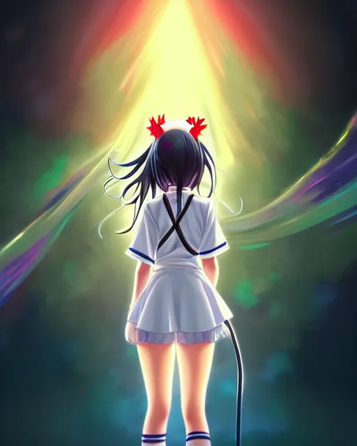 Image similar to anime style, vivid, expressive, full body, 4 k, painting, a cute magical girl with a long wavy black hair wearing a nurse outfit, stunning, realistic light and shadow effects, centered, simple background, studio ghibly makoto shinkai yuji yamaguchi