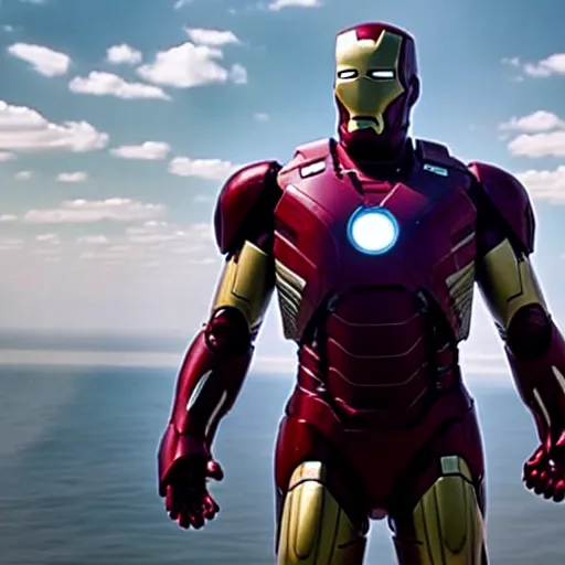 Prompt: jim carrey in an iron man suit, cinematic lens, heroic pose, wide shot, from avengers endgame