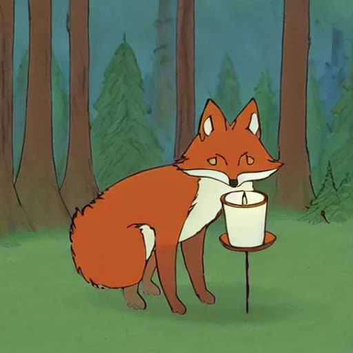 Image similar to a fox carrying a candle in the forest by studio ghibli