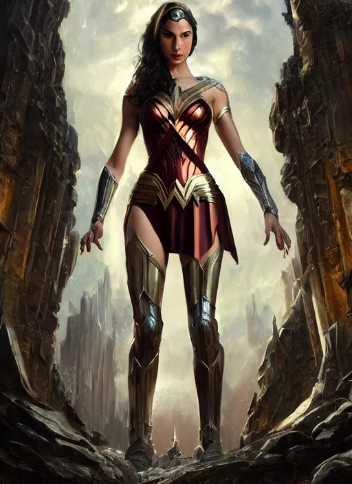 Image similar to Gal Gadot as Hell Lord, full body shot, epic, fantasy, intricate, elegant, volumetric lighting, highly detailed, digital painting, 4k, HDR, concept art, smooth, sharp focus, illustration, art by artgerm and donato giancola and krenz cushart