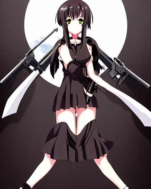 Image similar to female action anime girl, black dress, holding weapon with natural hands, symmetrical faces and eyes symmetrical body, middle shot waist up, airplane hanger background, Madhouse anime studios, Black Lagoon, Wit studio anime, 2D animation
