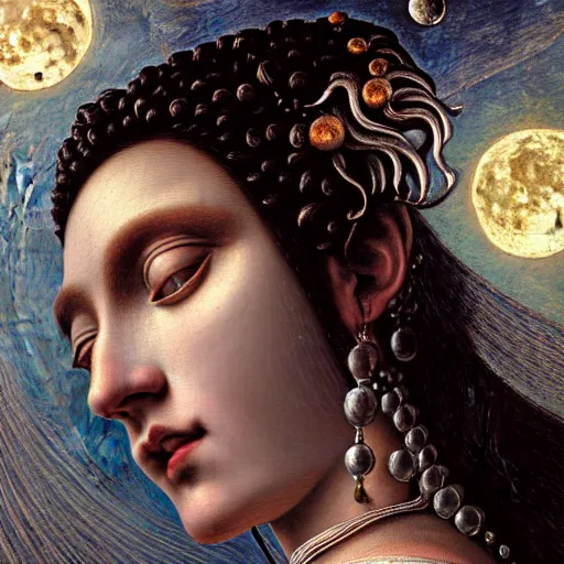 Prompt: a baroque neoclassicist closeup renaissance portrait of the moon goddess with stars in her hair, reflective detailed textures, dark fantasy science fiction painting by diego rivera and jean delville and sam spratt and ruan jia and nicholas roerich and annie swynnerton, dramatic lighting, gleaming silver and soft muted colors, floral tattoos, artstation, octane render