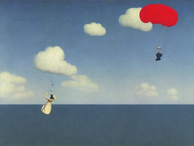 Prompt: man parachuting on a small island in the middle of a big lake painting by rene magritte, high detail, high resolution