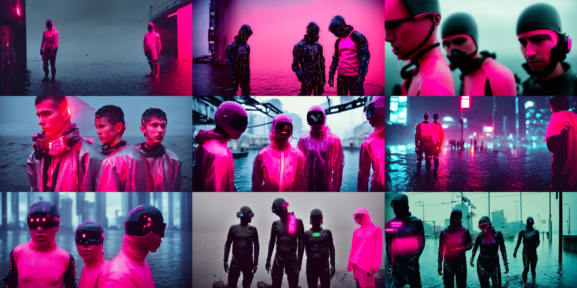 Prompt: cinestill hasselblad 8 5 mm, f / 1. 2, candid photographic portrait by robert capas of 2 cyborgs wearing rugged neon pink mesh techwear in treacherous waters, extreme narrow shot, swirly bokeh, modern cyberpunk moody depressing cinematic, pouring rain, 8 k, hd, high resolution, ultra realistic faces, ex machina