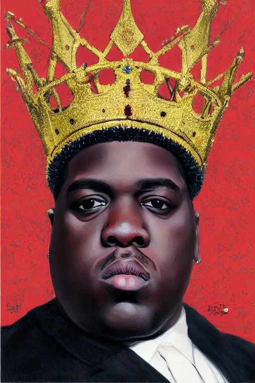 Prompt: ultra unrealistic portrait of rapper biggie smalls standing with cane and with kings crown and royal outfit, european, modern art, eclectic art, gold and colorful, illustration, by ramon casas