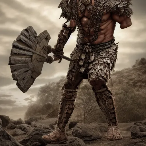 Image similar to muscular warrior with bark skin wearing intricate stone and wood armor, battlefield, highly detailed, dramatic lighting, cinematic, sci - fi, hyperrealistic, detailed