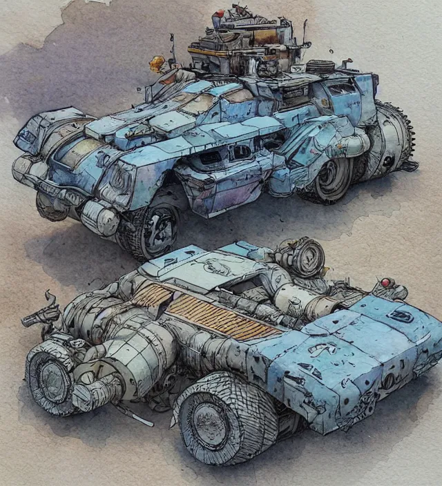 Image similar to a 3 / 4 view watercolor ink painting of a post - apocalyptic mad max / fallout style tank in the style of jean giraud in the style of moebius trending on artstation deviantart pinterest detailed realistic hd 8 k high resolution