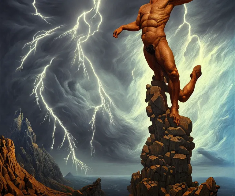 Image similar to hyper detailed 3d render like a Oil painting - greek god zeus standing tall on top of mount olympus, lightning storm in background, anger + wrath, by Jacek Yerka, Mariusz Lewandowski, Houdini algorithmic generative render, Abstract brush strokes, Masterpiece, Edward Hopper and James Gilleard, Zdzislaw Beksinski, Mark Ryden, Wolfgang Lettl, hints of Yayoi Kasuma, octane render, 8k