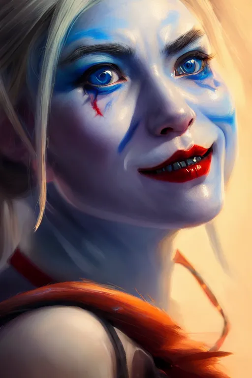 Image similar to ultra detailed half body portrait of harley quinn, blue eyes, sharp bone structure, extremely detailed digital painting, in the style of fenghua zhong and ruan jia and jeremy lipking and peter mohrbacher, mystical colors, rim light, beautiful lighting, 8 k, stunning scene, raytracing, octane, trending on artstation