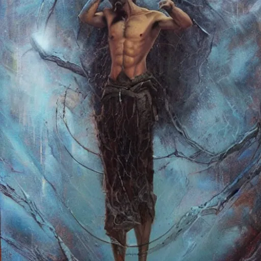 Image similar to a rugged man standing, ethereal, painting by karol bak